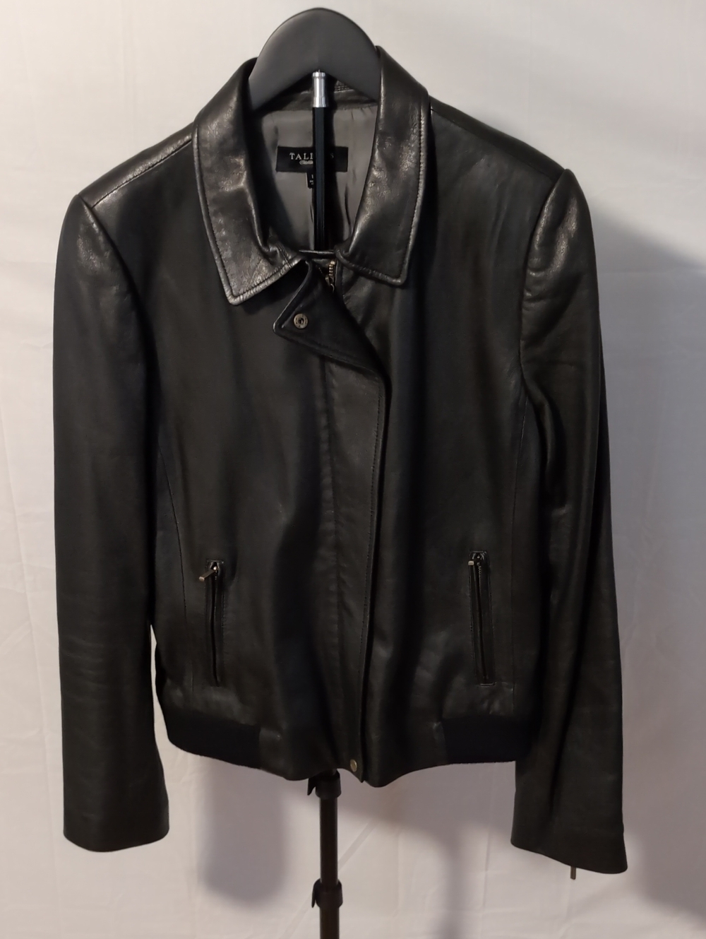 Talbots Black Genuine Leather Bomber Jacket Coat Minimalist Moto Size 10